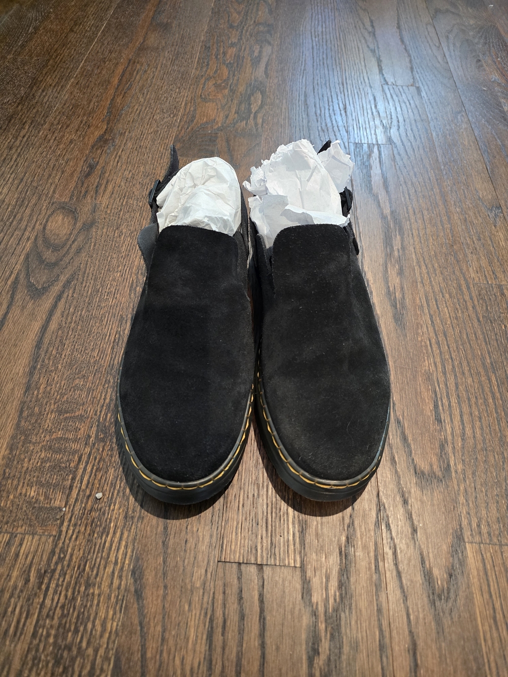 Dr. Martens Black Suede Slip-On Loafers with Yellow Stitching